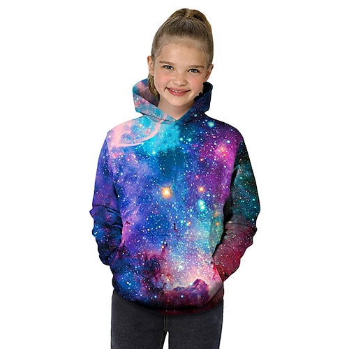 Mädchen 3D Galaxis Geometrisch Farbblock Kapuzenshirt Langarm 3D-Druck Frühling Herbst Winter Aktiv Basic kinderkleidung Baby 2-12 Jahre Outdoor Täglich Image