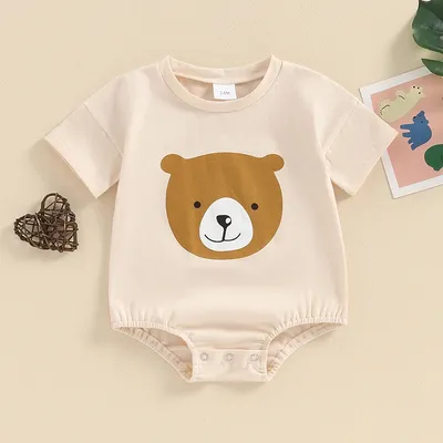 2024-03-12 Lioraitiin 0-18M Newborn Baby Boy Girls Romper Bear Print Short Sleeve Jumpsuit Toddler