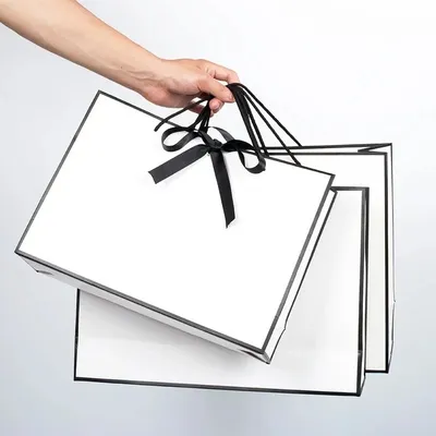 1-50pcs Gift Packaging White Paper Box With Black Border Shopping Bags Portable Tote Bags Bow Ribbon