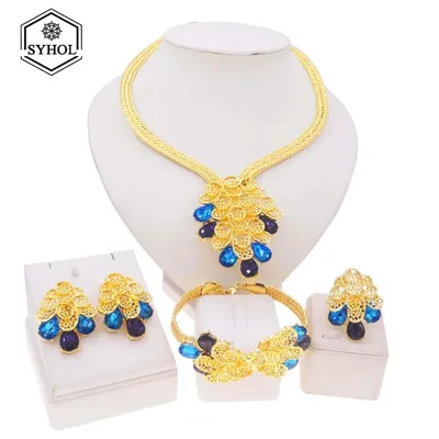Brazilian Gold Plated Women's Jewelry Necklace Set Pure Copper Material Blue Rhinestone Necklace Earrings Ring Wedding Set