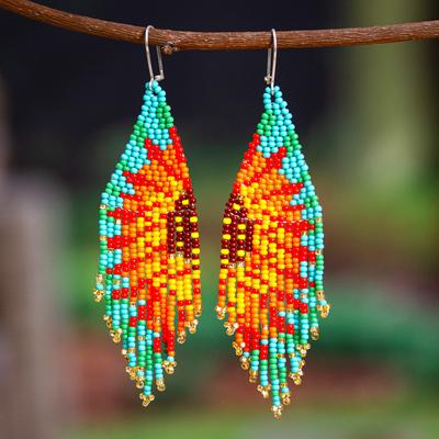 'Sun-Themed Red and Turquoise Glass Beaded Waterfall Earrings'