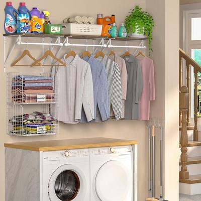 Laundry Room Wall Mounted Shelf with Line Basket, Over Washer and Dryer Shelf with Drying Racks - Large