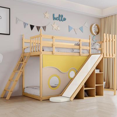 Etagenbett, Holzbett mit Treppen und Zäunen, mit Bettvorhang, Rutsche und Regal, Kinderbett mit Image