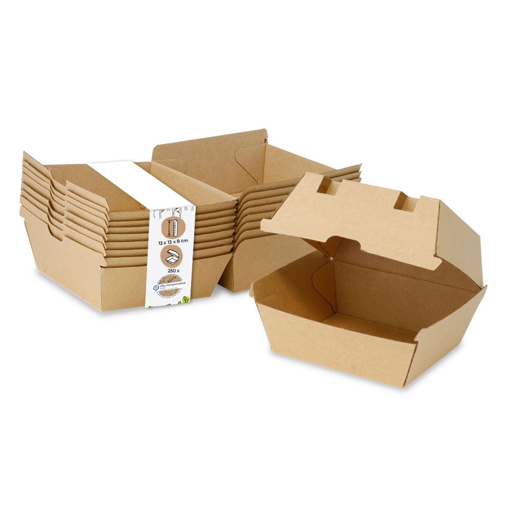 BIOZOYG 250 Stück Burger-Verpackung 13 x 14 x 8 cm Burgerboxen, braune Hamburger-Schachteln aus Kraftkarton, Take-Away-Boxen für Hamburger Image