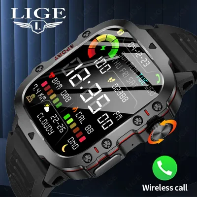 LIGE 2024 Outdoor Military Mens Smartwatch Bluetooth Call Sport Heart Rate Monitor IP68 Waterproof