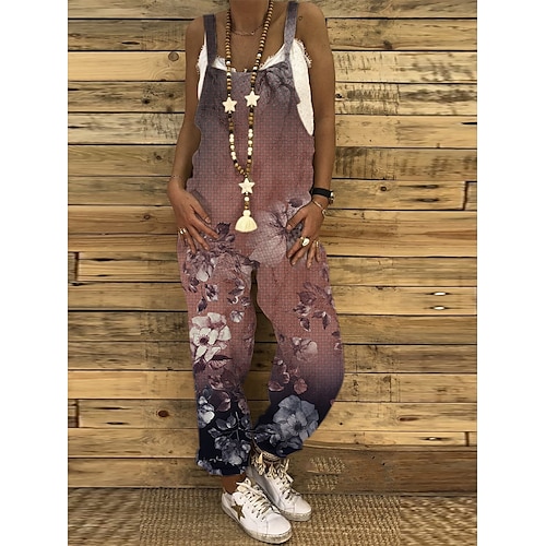 Jumpsuits für Damen, Blumen-Overall, Knopftasche, Tiermuster, U-Ausschnitt, Urlaub, Alltag, Urlaub, gerade, normale Passform, ärmellos, ärmellos, Schwarz, Weiß, Grün, S, M, L Image