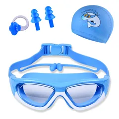 Children's Swimming Goggles Boys and Girls Anti-Fog Swimming Goggles Large Frame Goggles One-Piece Earplugs Nose Clip Swimming C