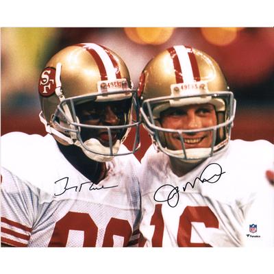Jerry Rice & Joe Montana San Francisco 49ers, mehrfach signiertes 16 x 20 Zoll großes Nahaufnahmefoto auf weißem Trikot Image