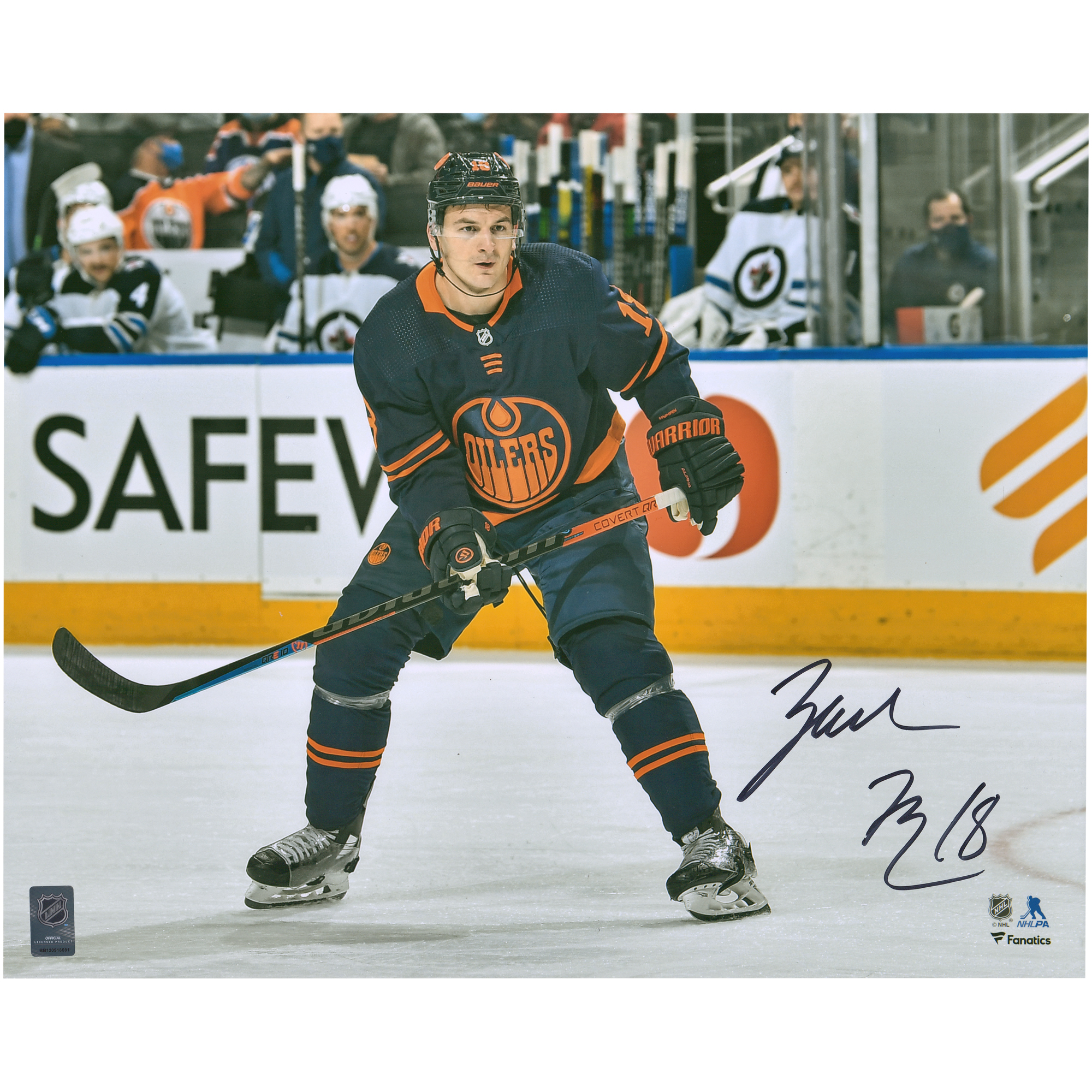 Signiertes Eiskunstlauffoto von Zach Hyman von den Edmonton Oilers, 16 x 20 Zoll, Marineblaues Trikot Image