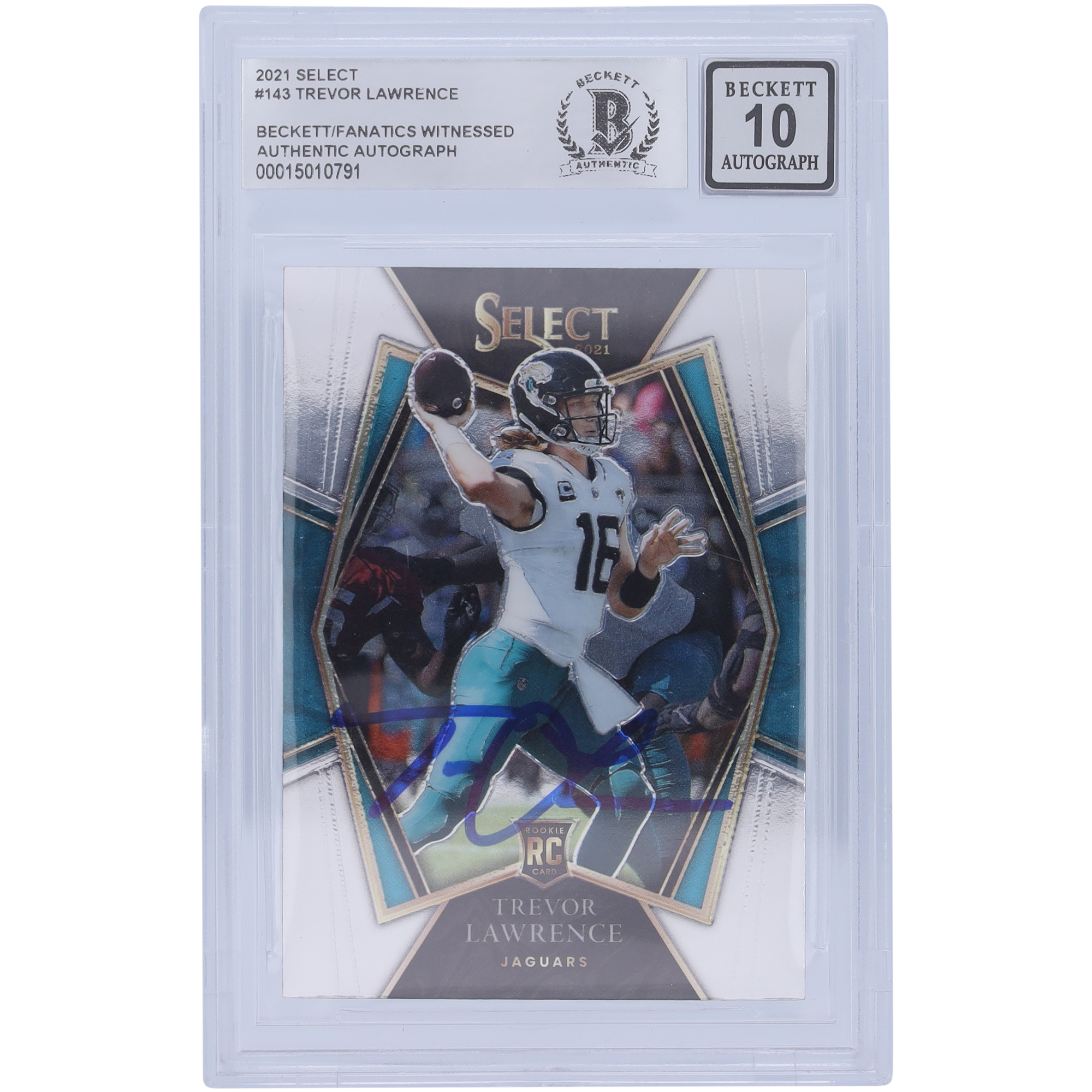 Trevor Lawrence Jacksonville Jaguars signierte 2021 Panini Select Premier Level #143 Beckett Fanatics bezeugte authentifizierte 10 Rookie-Karte Image