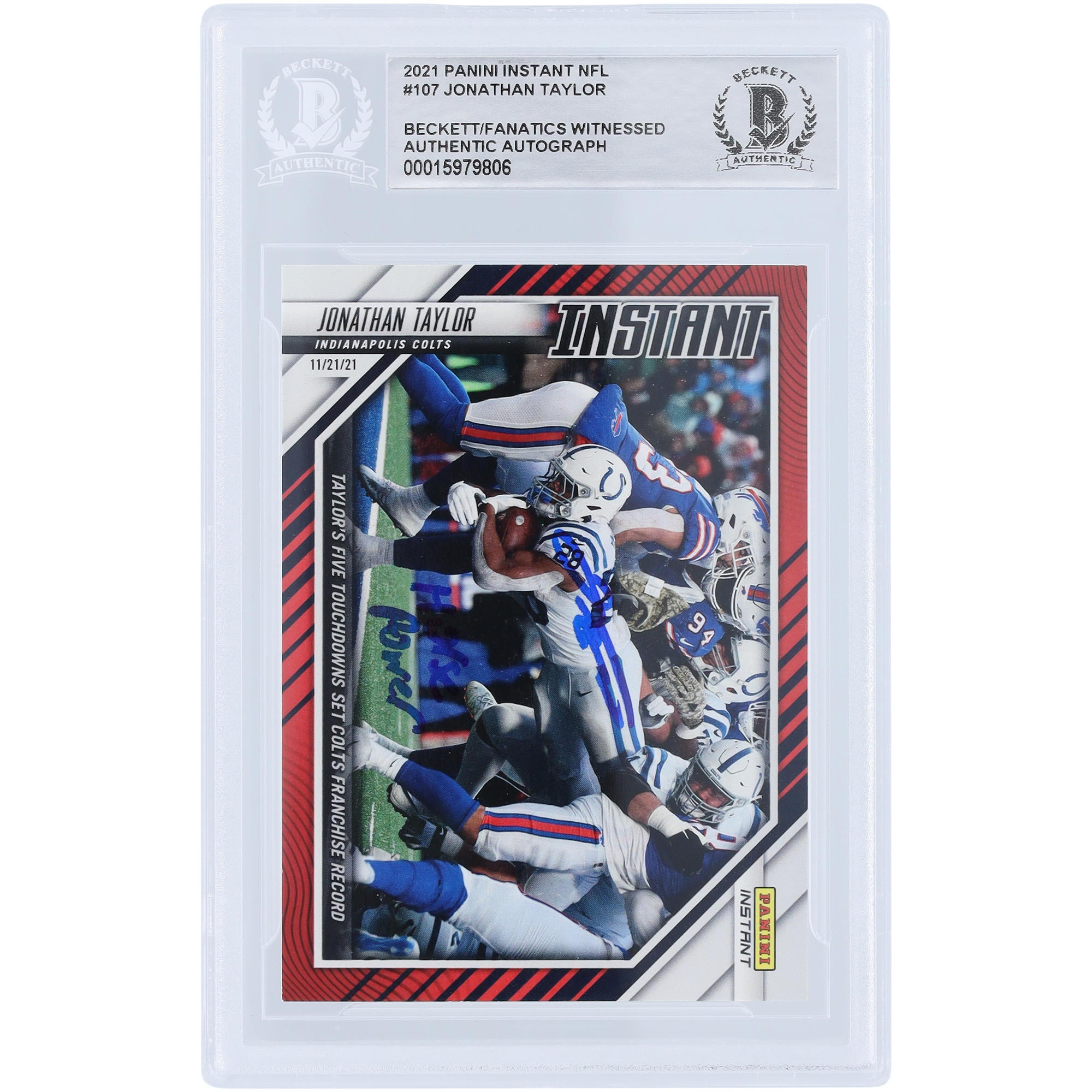 Jonathan Taylor Indianapolis Colts signierte 2021 Panini Instant Fanatics Exklusiv #107 #/99 Beckett Fanatics beglaubigte authentifizierte Karte mit "Horse Power"-Inschrift Image