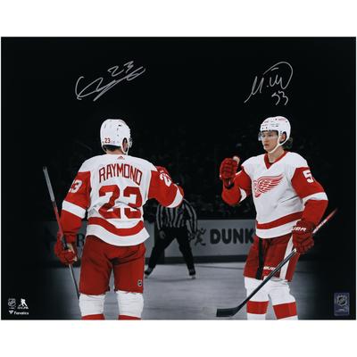 Lucas Raymond und Moritz Seider, Detroit Red Wings, mehrfach signiertes 16 x 20 Zoll großes Foto zum Torjubel Image