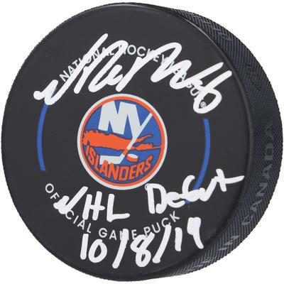 Von Noah Dobson signierter offizieller Spielpuck der New York Islanders mit der Aufschrift „NHL-Debüt 08.10.19“ Image