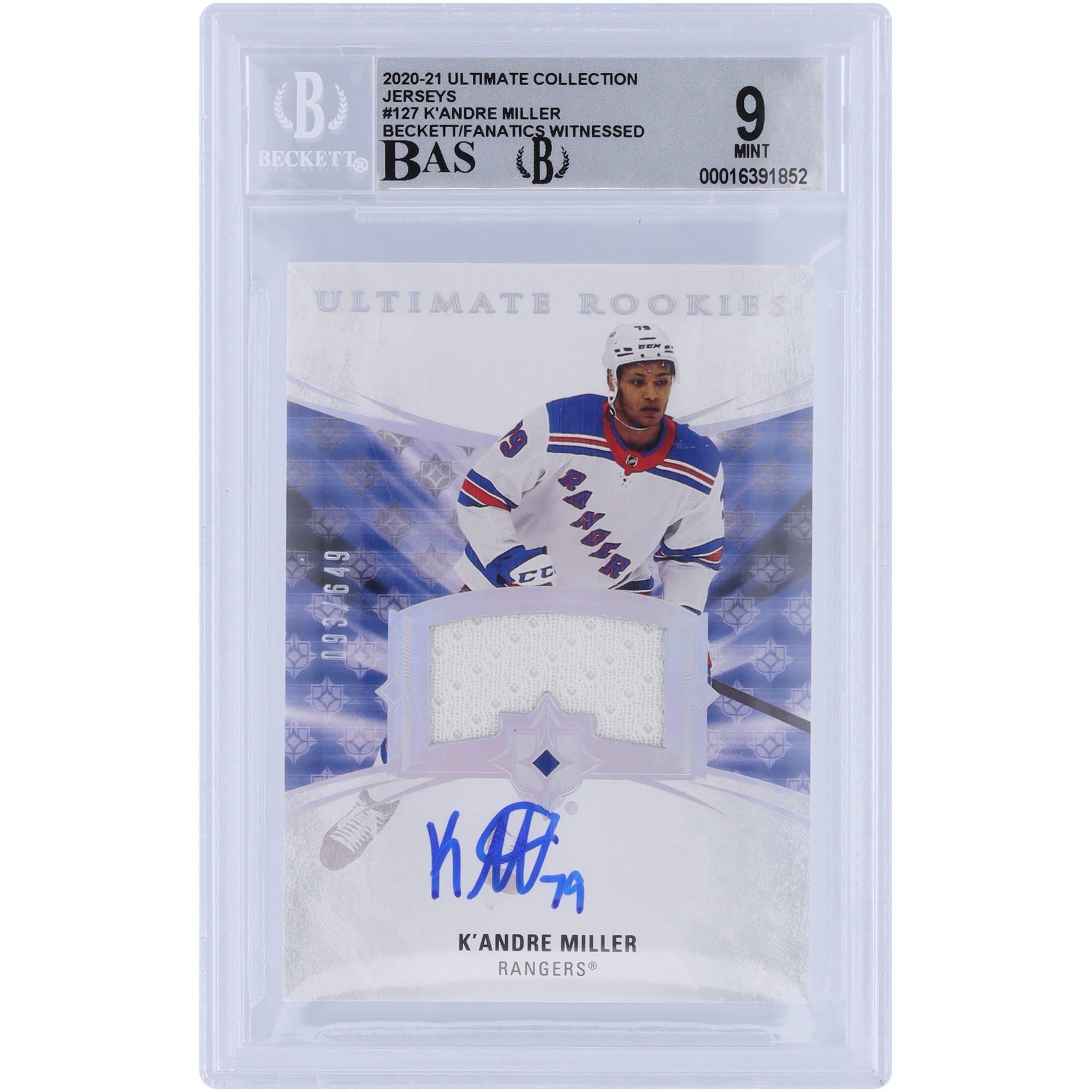 K'Andre Miller, New York Rangers, signierte Trikots der Upper Deck Ultimate Collection 2020–21, Relic #127, Beckett, von Fanatikern bezeugt, authentifizierte 9/10 Rookie-Karte Image