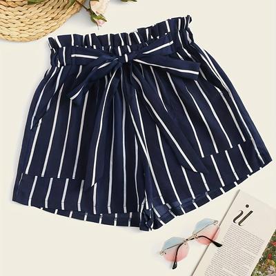 TEMU Striped Paperbag Waist Belted Shorts, Vacation Slant Pocket Loose Shorts, Women's Clothing Image