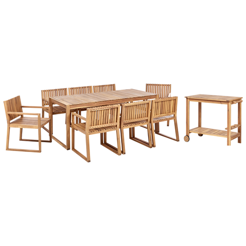 Gartenmöbel Set 10-Teilig Hellbraun Zertifiziertes Akazienholz Runstikal Modern Gartentisch 180x90 cm mit 8 Stühlen und Teewagen Terrasse