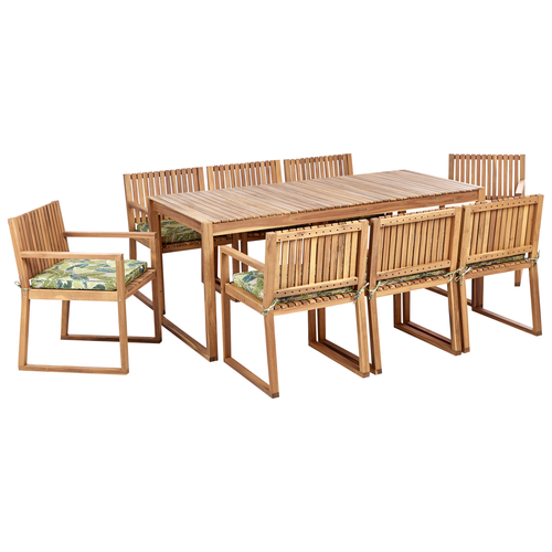 Gartenmöbel Set 8-Sitzer Hellbraun Zertifiziertes Akazienholz Tisch mit 8 Stühlen und Sitzkissen Grün Blättermuster Rustikal Terrasse Garten