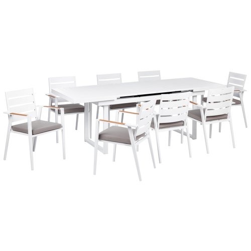 Gartenmöbel Set 9-teilig Weiß Aluminium Ausziehtisch 180 / 240 x 90 cm Latten-Tischplatte Rechteckig mit 8 Stühlen Auflagen Grau Stapelbar