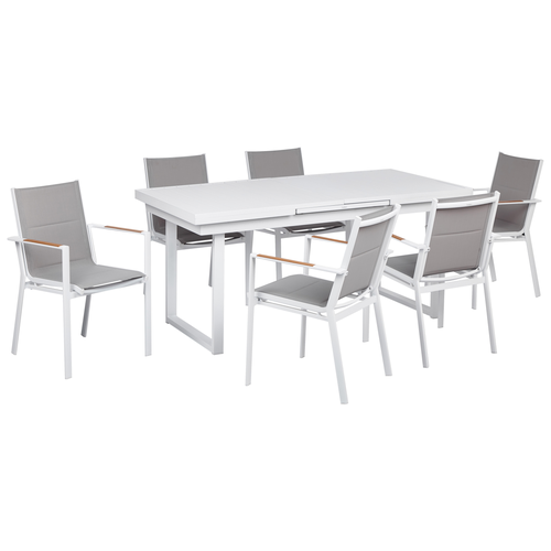 Gartenmöbel Set 7-teilig Weiß Aluminium Ausziehtisch 180 / 240 x 90 cm Latten-Tischplatte Rechteckig mit 6 Stühlen Bespannung Grau Stapelbar