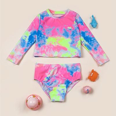 TEMU 2pcs Toddler Girls Bikini Tankini Swimsuit Fish Scale Graphic Gradient Color Long Sleeve Top & Shorts Set Kids Summer Beach Clothes Sun Protection Bathing Suits