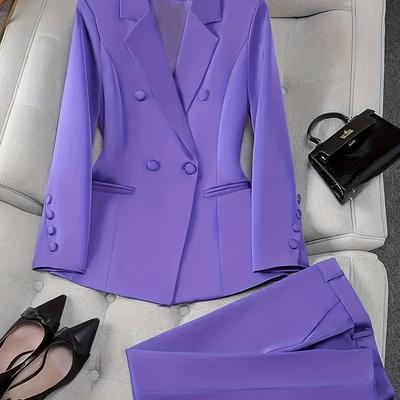 TEMU Solid Color Double-breasted Elegant Suit, Lapel Neck Long Sleeve Blazer & Tapered Trousers, Women's Clothing