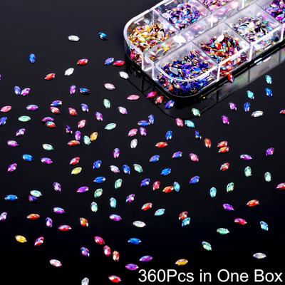 TEMU 360/600pcs Multi-color Shiny Nail Rhinestones, Horse Eye Rhinestones With Flat Back, Acrylic Nail Gems, Decoration Supplies With Box For Jewelry Diy Making