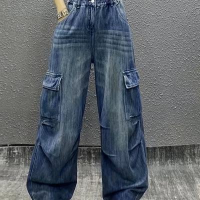 TEMU Girl's Cotton Wide Leg Denim Pants, Street Style, Straight Loose Jeans For Teenagers