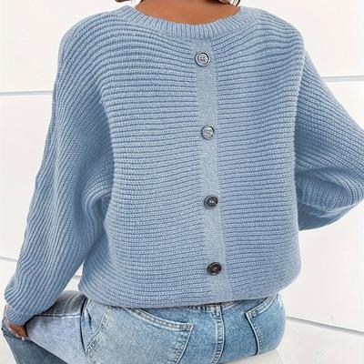 TEMU Plus Size Solid Crew Neck Pullover Sweater, Casual Fake Buttons Long Sleeve Knitted Sweater For Fall & Winter, Women's Plus Size Clothing