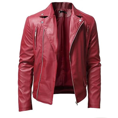 Herren Lederjacke Kunstlederjacke Freizeitjacke Motorrad Jacke Rote Lederjacke Casual Motorrad warm Regendicht Kunstpelzbesatz Herbst Einfarbig Casual Brautkleider schlicht Umlegekragen Regulär