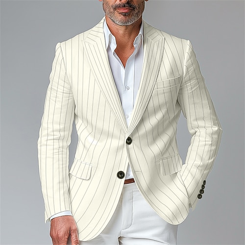 Herren Blazer Geschäft Cocktailparty Hochzeitsfeier Mode Lässig Frühling Herbst Polyester Streifen Tasche Knöpfe Bequem Einreihig Blazer Schwarz Weiß Gelb Blau Image