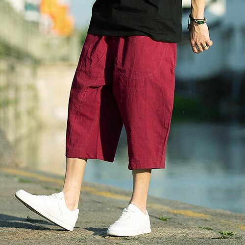 Herren Leinenhosen Caprihose Sommerhose Strandhose Tasche Kordelzug Elastischer Bund Einfach Komfort Atmungsaktiv Wadenlang Urlaub Täglich Ferien Hawaiianisch Boho Schwarz Weiß Image