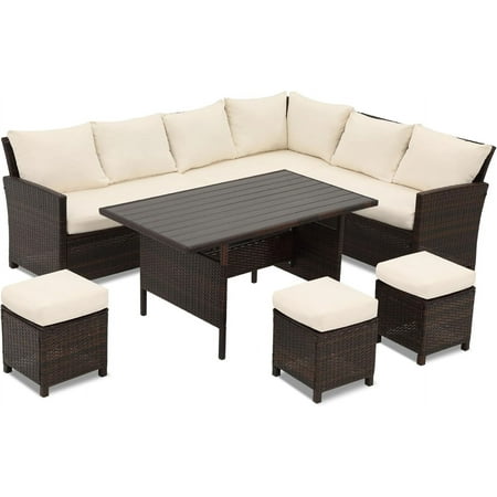 RoyalCraft Patio Furniture Set 7 Piece High Curved Back Outdoor Dining Sectional Sofa with Dining Table and Chair All Weather Wicker Conversation Set with Ottoman Brown