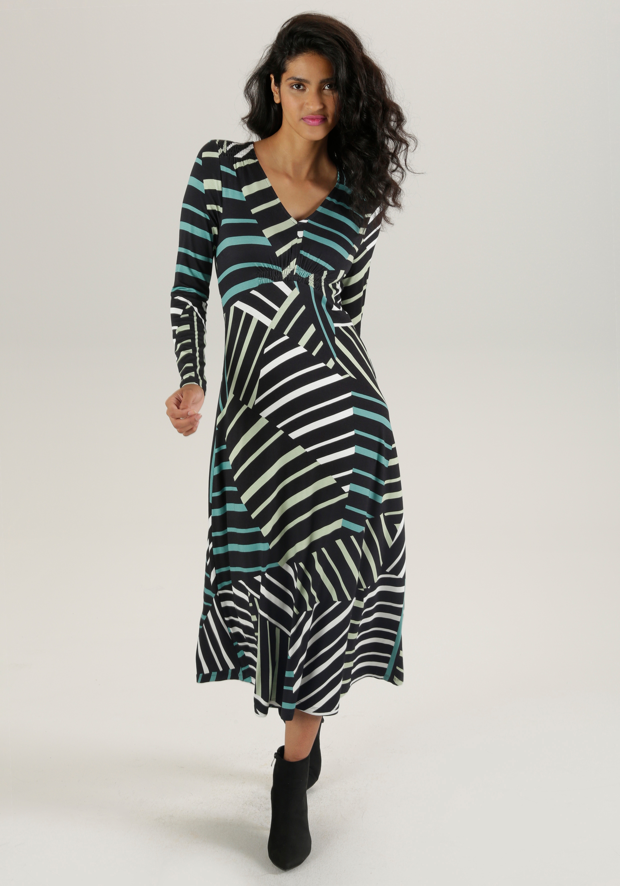 Midikleid ANISTON SELECTED, Damen, Gr. 44, N-Gr, grün (schwarz, weiß, lindgrün, seegrün), Single Jersey, Obermaterial: 95% Viskose, 5% Elasthan, bedruckt, gestreift, figurumspielend, V-Ausschnitt, Kleider Midikleid, mit Smok-Details und Streifendruck