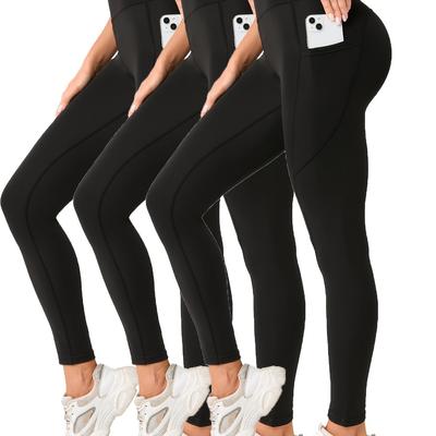 TEMU 3pcs Solid Color Butt Lifting Tight Pants, High Waist Elastic Leggings, Women's Activewear Wide Waistband Image