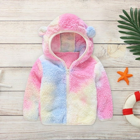 ATOGUTA Girl Baby Kid Waterproof Hooded Coat Jacket Leopard Print Gradient Plush Cute Bear Ears Winter Hoodie Thick Coat Jacket Pink Size 6M-4T