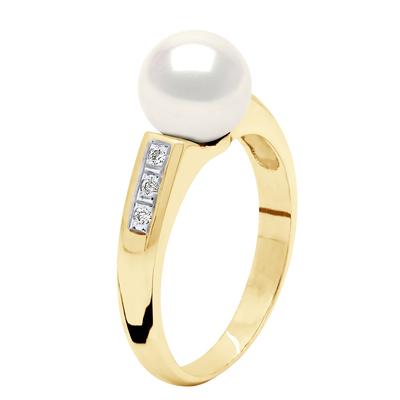 Ringschmuck Diamant 0,06 cts – Gelbgold – echte Süßwasser-Zuchtperle, rund 8–9 mm