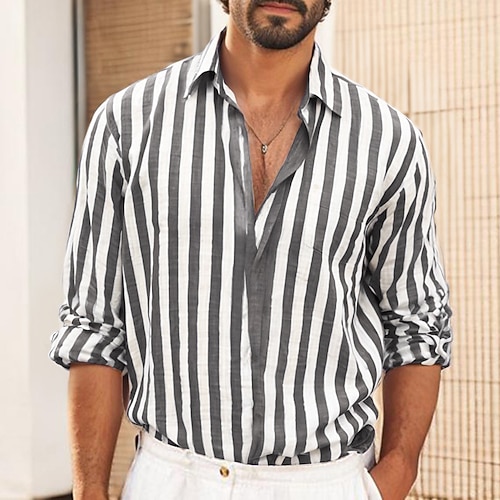 Herren Hemd Weißes Baumwollhemd Freizeithemd Baumwoll-Leinen-Hemd Gestreifte Hemden Gestreift Urlaub Hawaiianisch Schwarz Rosa Rote Marineblau Langarm Umlegekragen Frühling Herbst Bekleidung Image