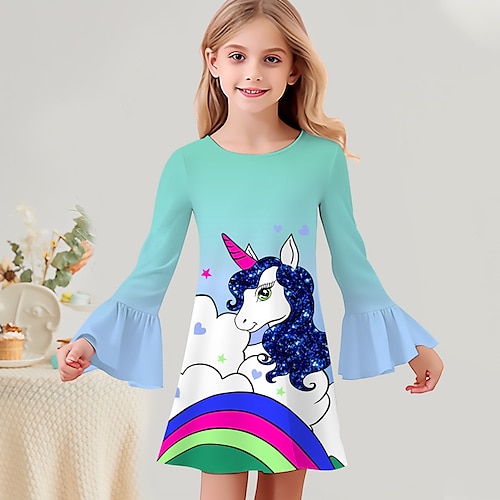 Mädchen' 3D Graphic Karikatur Einhorn Kleid Langarm 3D-Druck Sommer Herbst Urlaub Sport Natur Täglich Kuschelig Brautkleider schlicht Schön kinderkleidung 3-12 Jahre Casual kleid A Linie Kleid Image