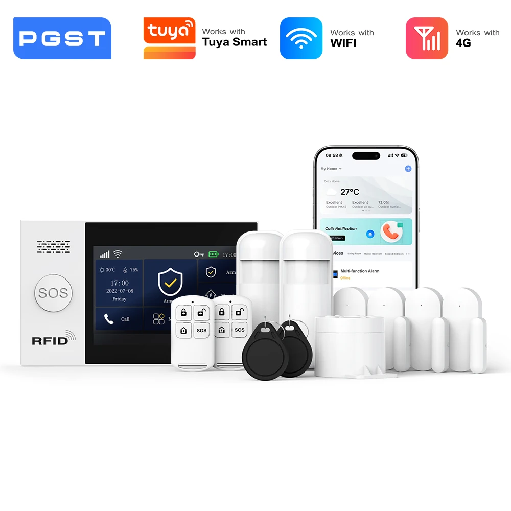 PGST Alarmanlage Einbruchschutz WiFi 4G Works with Tuya Smart Life kabelloses Sicherheits Set für Zuhause Gewerbe Tür Fenster Sensoren Fernüberwachung per Smartphone