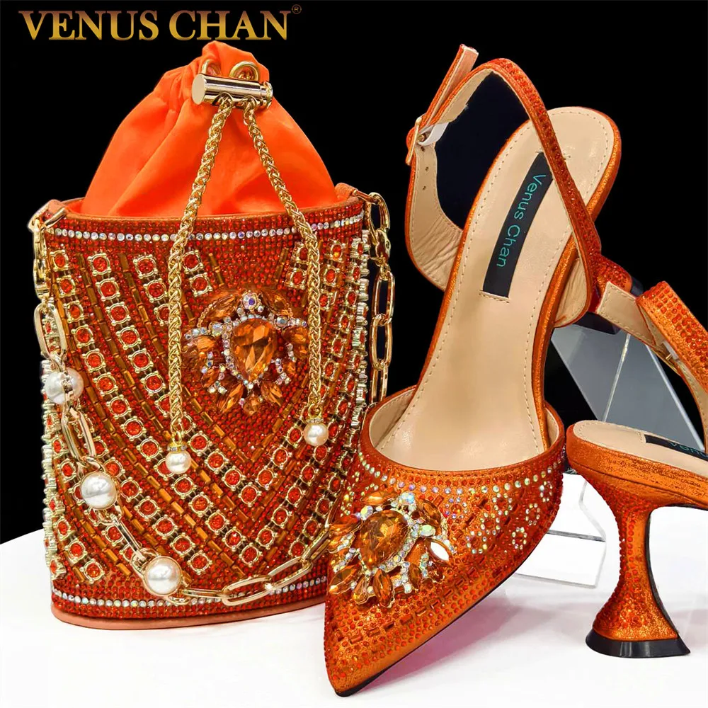 Venus Chan Italienische Schuhe und Taschen, passendes Set 2024, nigerianischer Absatz, Party für Frauen, orange Farbe, italienisches Design, Hochzeit, INS 2024