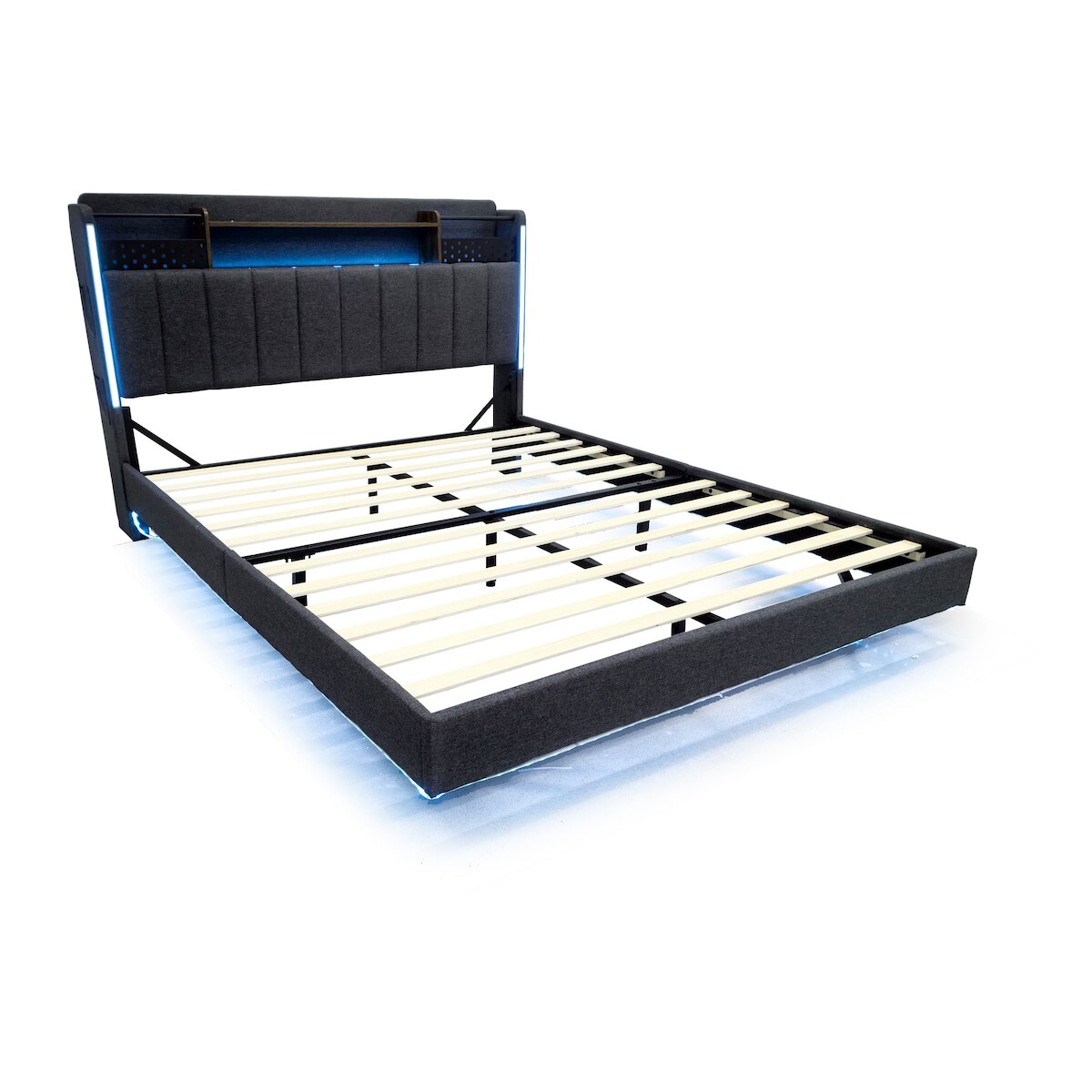 Merax Polsterbett, LED Schwebebett Doppelbett 140x200cm mit USB-Aufladen und Stauraum, grau Image