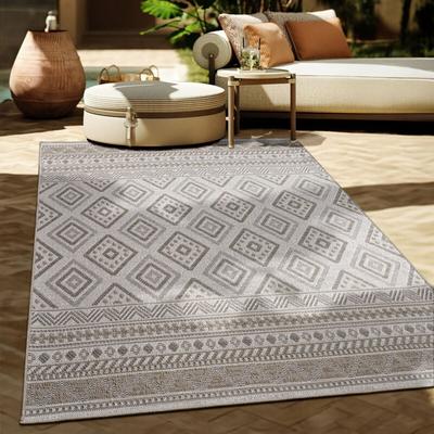 Outdoor Teppich Flachgewebe modern Boho Ethno wetterfest Außenbereich 120 cm Rund, Beige 2 - Paco Image