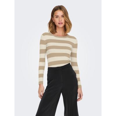 Rundhalspullover JDY "JDYPLUM L/S O-NECK PULLOVER KNT NOOS", Damen, Gr. XS (34), beige (humus stripes:birch), Strick, Rippstrick, Feinstrick, Obermaterial: 80% Viskose, 20% Nylon, gestreift, geringelt, modisch, figurbetont hüftlang, Rundhals,... Image