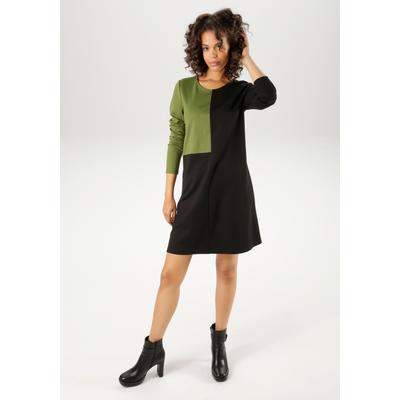 Jerseykleid ANISTON CASUAL, Damen, Gr. 42, N-Gr, bunt (schwarz, moosgrün), Milano Rib, Obermaterial: 65% Viskose, 31% Polyester, 4% Elasthan, colorblocking, unifarben mit Farbeinsatz, casual, kniefrei, Rundhals, Langarm, Kleider, mir raffiniertem... Image