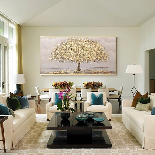 handgemaltes Goldfolien-Baumgemälde, Wandkunst, Blattgold-Baumgemälde, abstrakte Landschaftstextur, Blumenölgemälde, gelbes großes Geldbaumgemälde, Heimdekoration für Schlafzimmer, Büro, Image