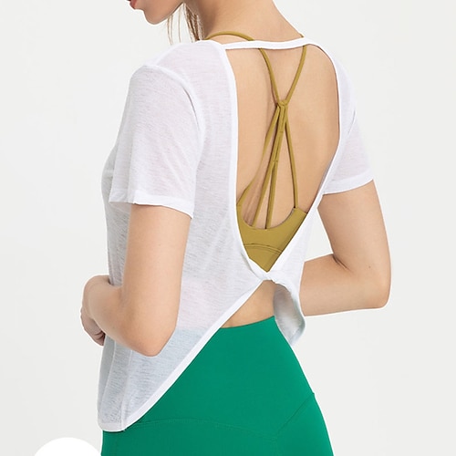 Damen Yoga Top Rundhalsausschnitt Schnelltrocknend Leicht Atmungsaktiv Rückenfrei Kurzarm Sport Einfarbig T-Shirt Oberteil Für Laufen Fitness Yoga Lässiger Schnitt Sportkleidung Image