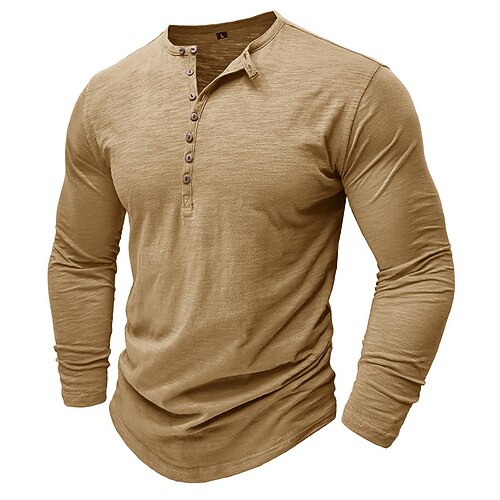 100% Baumwolle Herren Henley Shirt T-Shirt Top Langarmshirt Langarm einfarbig Mode Alltag Knöpfe Henley Outdoor Casual Sommer Dunkelbraun Dunkelgrau Schwarz Henley T-Shirt Image