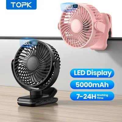 TOPK 5000mAh Rechargeable Portable Fan Electric Mini fan,Clip on Fan,USB Desk Fan,4 Speeds Quiet