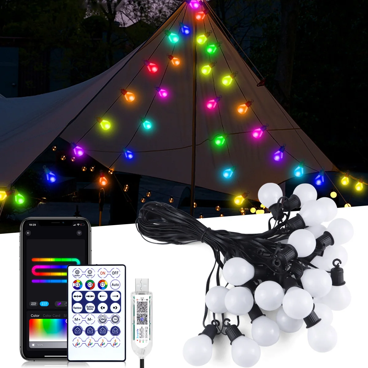 Intelligente WIFI-LED-Lichterkette, USB, 15 m, 25 Glühbirnen, Lichterkette für Zuhause, Zimmer, Outdoor, Garten, Weihnachtsdekoration, RGBIC-LED-Girlandenlampe