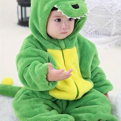 Kid's Cute Dinosaur Hooded Jumpsuits, Warm Flannel Romper, Cute Clothing For Boys & Girls